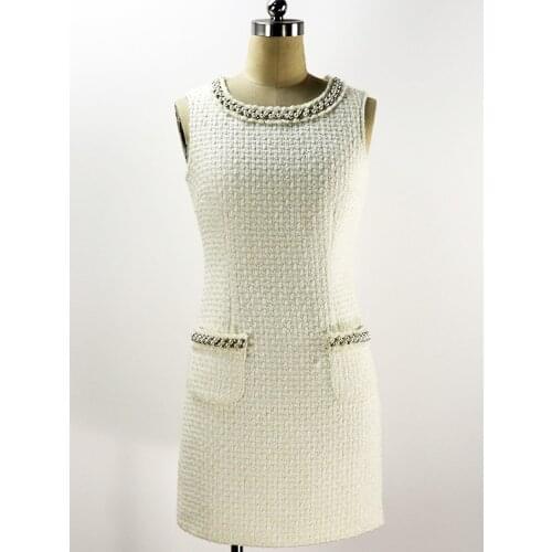 High Quality Luxury Womens Tweed Dress Fashion Beads O-Neck Short Dress Female Elegant Slim Fit Party Dress Plus Size M-XL