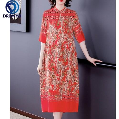 Summer Vintage Short Sleeve Maxi Dress Women Chinese Style Red Print Mulberry Silk Midi Dresses Elegant Bodycon Party Vestidos