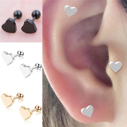 Pinksee 1Pair Creative Heart Shape Screw Stud Earrings Piercing Jewelry Tragus Earrings Cartilage Helix Ear Bone Nail Nose Stud
