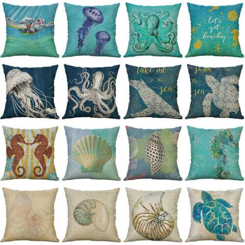 18'Sea Case Cushion Cover Pillow Home Printing Linen Octopus Cotton Conch Decor