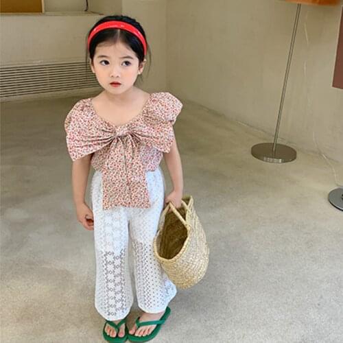 2021 New Summer Children Clothing Set Fashion Big Bow Floral Top + Lace Wide-Leg Pants 2Pcs Princess Girls Suit For Kids Clothes