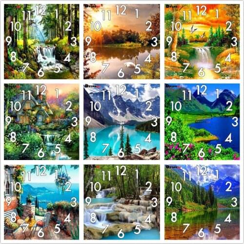 Dpsprue Full Diamond Painting Cross Stitch With Clock Mechanism Mosaic 5D Diy Square/Round Lake Scenery 3d Embroidery Gift HG16
