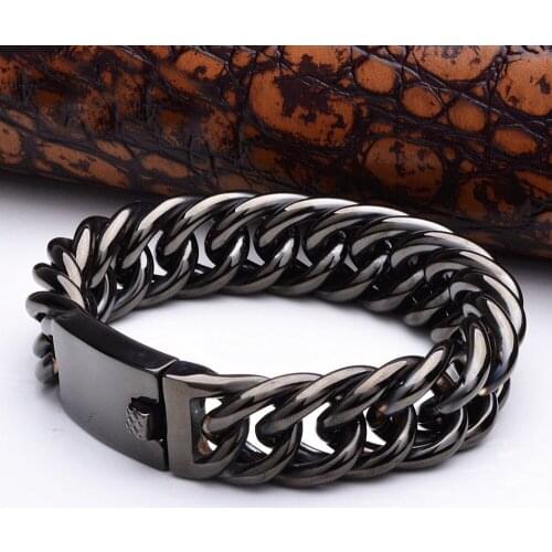 Vintage Black Double Curb Cuban Chain Bracelet Mens 316L Stainless Steel Wristband Bangle 8-10 inch Buddha Bracelet