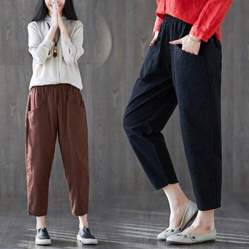 Summer Fashion Vintage women harem pants black loose elastic waist cotton and linen nine points pants solid Female casual pants