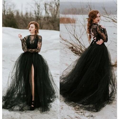 Black Lace Tulle Gothic Wedding Dress With Long Sleeves Sexy Sheer Top Slit Skirt Women Non White bohemian Bridal Gown