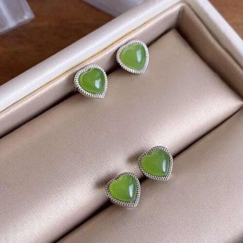 Natural Hetian Jade Green Jade Love Heart Stud Earrings S925 Sterling Silver Heart-Shaped Stud Earrings Palace Style Retro Ornam