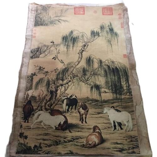 China Old Scroll Lang Shinings Eight Steeds Painting Slice