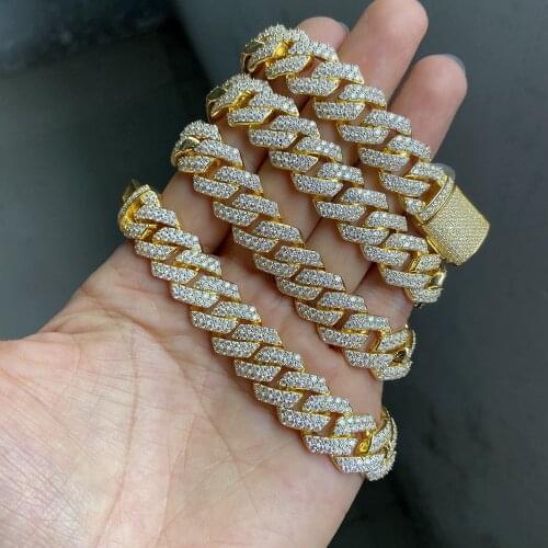 Yellow Gold Color 14mm Width Solid Silver Full Ice Out Synthetic Moissanite Diamond 6-20 Inches Cuban Bracelet and Necklace