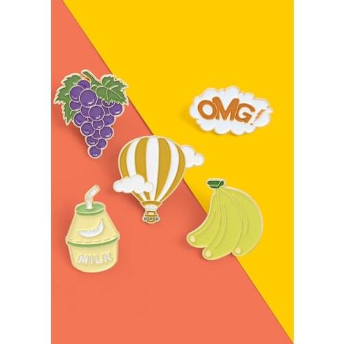 Cartoon OMG Hot Air Balloon Grape Enamel Pins Banana Milk Lapel Pins Brooches Kawaii Fruit Badges Backpack Hat Accessories Gifts