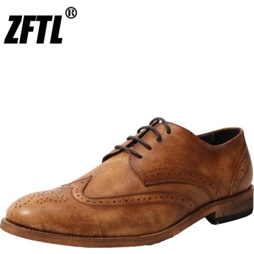 ZFTL Mens Dress Shoes Business Italy Oxford Shoes Vintage Formal Brogue shoes Genuine Leather carved mens Weddling shoes