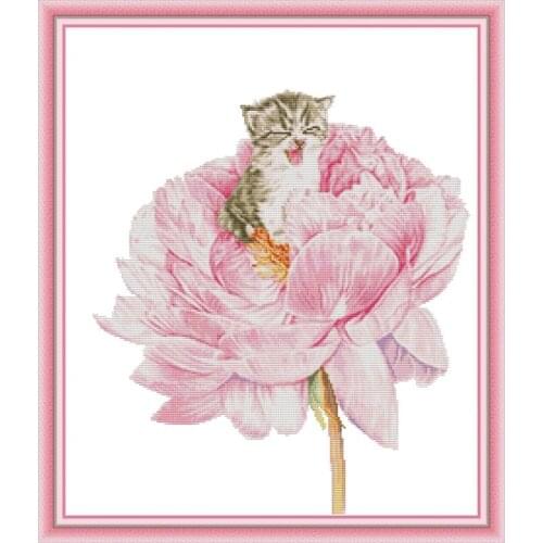 Cat In The Flower Cross Stitch Kit Needlework DMC 11CT 14CT Account Canvas Print Cross Stitch DIY Gift Home Wedding Decoration