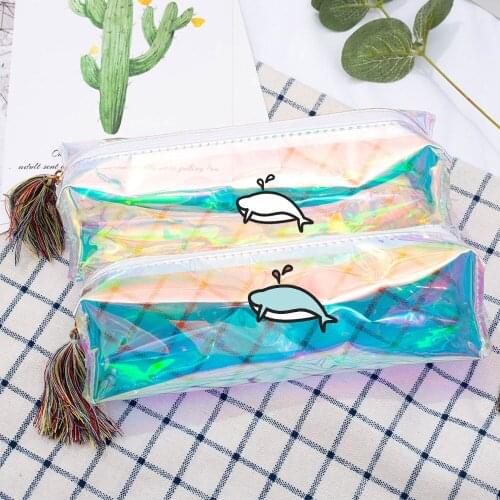 2021 new dolphin printing laser pencil case college student stationery bag transparent color stationery box cute school supplies