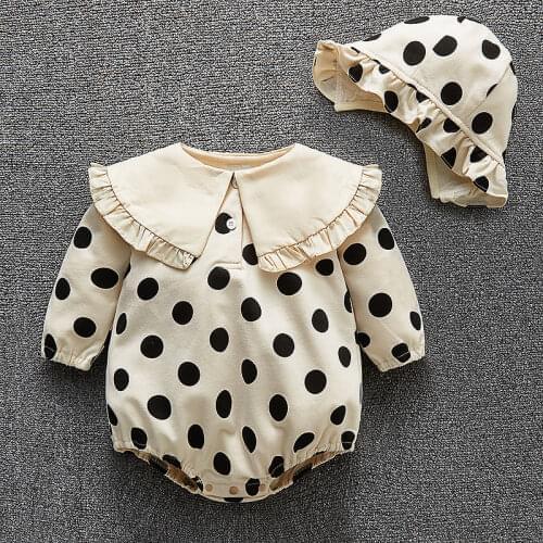 Polka Dot Autumn Long Sleeve Newborn Baby Girls Bodysuits Princess Infant Girl Jumpsuit + Hats