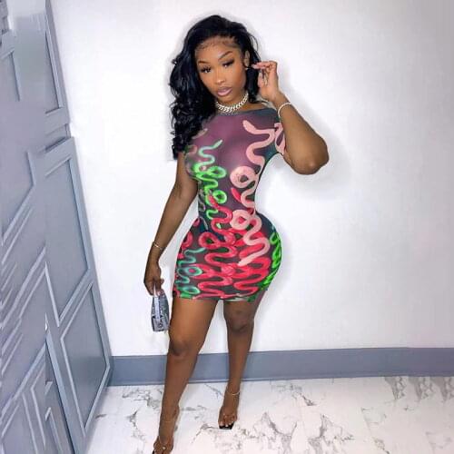 Sexy Snake Printed Sheer Mesh Bodycon Mini Dress Women Summer Dress 2021 See Through O-Neck Short Sleeve Party Plus Size Dresses