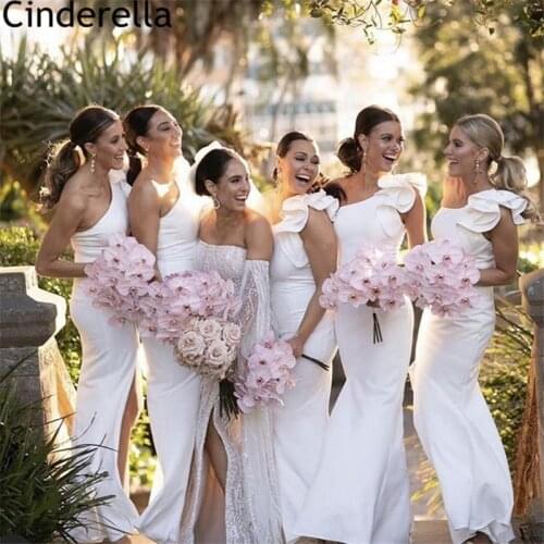 Bridesmaid Dresses Side Slit One Shoulder Satin Ruffle Mermaid Bridesmaid Dresses With Zipper Back Wedding Party Dresses