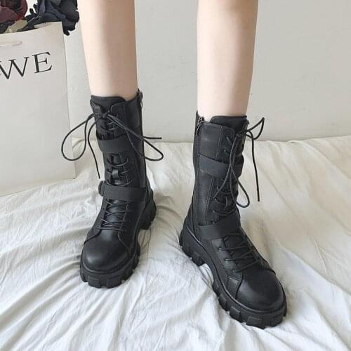Women Luxury Mid Calf Boots Lace Up Platform Ladies Fashion Casual Zipper Pu Leather Shoes Woman Female Footwear Non Slip