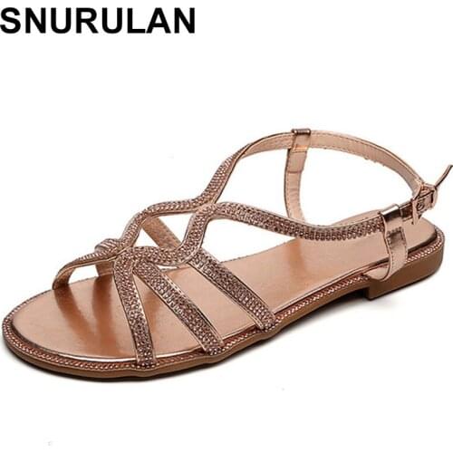 SNURULANLadies Elegant Flat Sandals Crystal Pure Color Buckles Flat Heel Roman Shoes Women Sandals Flat Casual Chaussure Femme