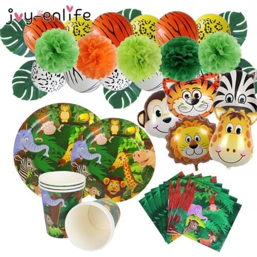 Woodland Animal Supplies Tableware Happy Birthday Party Decoration Kids Boy Jungle Theme Party Safari Party Decor Green Forest