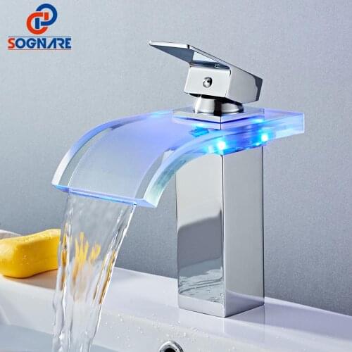 SOGANRE LED Basin Faucet Brass Waterfall Temperature Colors Change Bathroom Mixer Tap Hot Cold Deck Mounted Wash Sink Glass Taps