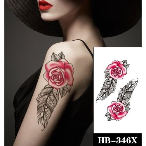 Black Feather Flowers Leaves Totem Women Arm Tattoos Stickers Fake Waterproof Watercolor Rose Tatto Temporary Body Legs Tatoos
