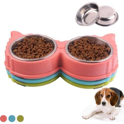 Pet Supplies Stainless Steel Dog Food Bowl Double Cat Water Bottle Cartoons Candy Color Puppy Slow Eat Bowl for Small Little Pet