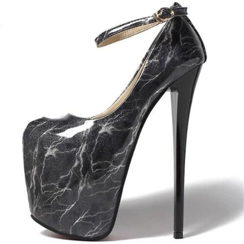 19CM Thin High Heels Shoes Women Patent Leather Buckle Strap Round Toe Dress Sexy Party Wedding shoes for women 2020 black