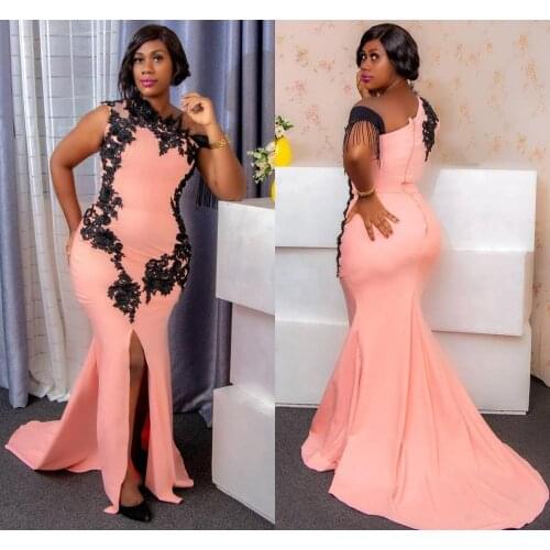 YiMinpwp Coral Mermaid Evening Dresses One Shoulder Front Split Sweep Train Appliques Feather Beads Long Formal Prom Party Gowns