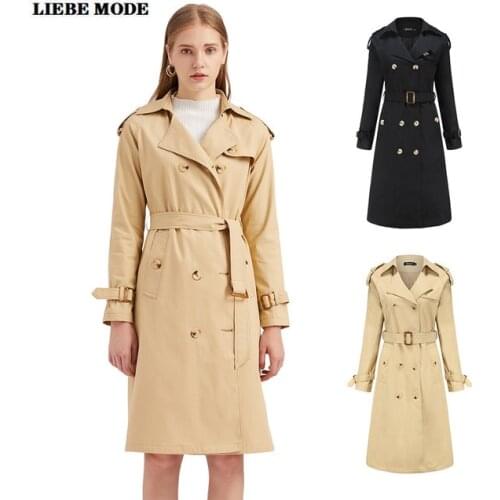 Womens Autumn Double Breasted Trench Coat for Women Turn Down Knee Length Windbreaker with Sashes Black Khaki Long Outwear 2020
