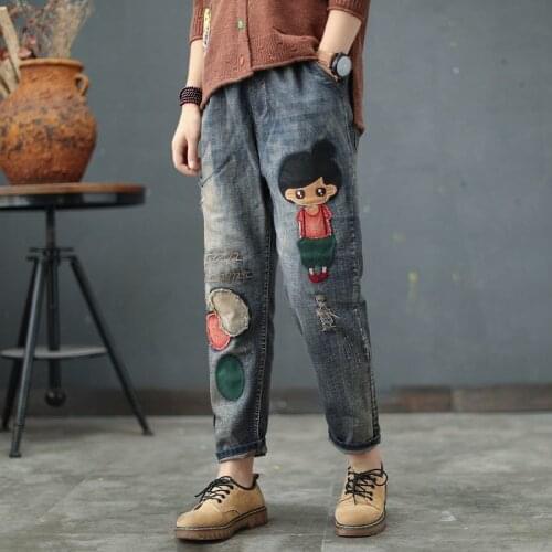 Spring Autumn New Arts Style Women Jeans Elastic Waist Cotton Denim Harem Pants Vintage Embroidery Loose Ripped Jeans D463