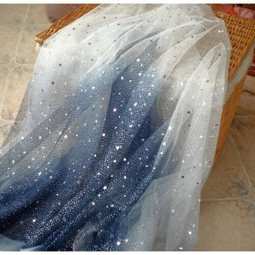 5Meter Gradient Blue Pink Glitte Sequin Stars Lace Tulle Bridal Veil Wedding Gown Hem Bodice Lace Sewing Craft Fabric 150cm Wide
