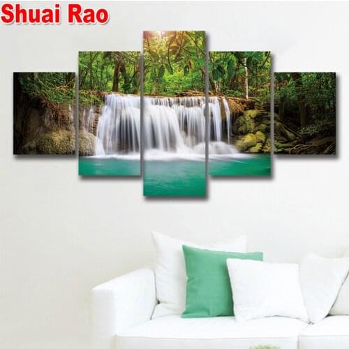 5 Pieces Natural Waterfall Landscape diamond embroidery,Wall painting full round drill 3d cross stitch mosaic diamond Painting