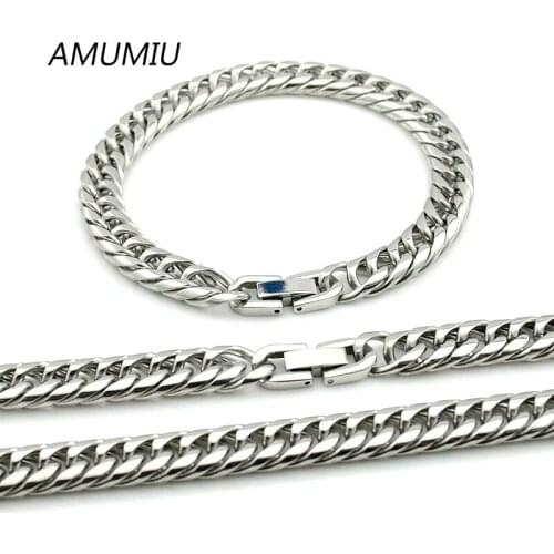 AMUMIU 9MM Link Chain 316L Stainless Steel Necklace Bracelet Sets Chains Gift Set Biker Retail Punk KTZ095