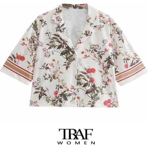TRAF Za Women Fashion Floral Print Loose Cozy Blouses Vintage Short Sleeve Button-up Female Shirts Blusas Chic Tops