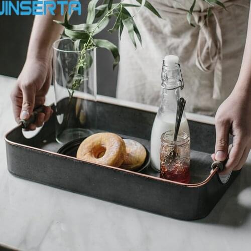 JINSERTA Rectangular Metal Serving Tray Retro Snack Dessert Cake Bread Plate with Handle Home Sundries Decorative Tray