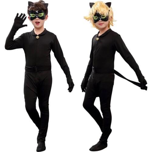 Holiday Costume Children Halloween Black Boys Cat With Tail Wig Girls Stage Performance Party Christmas Gift Fancy Dress