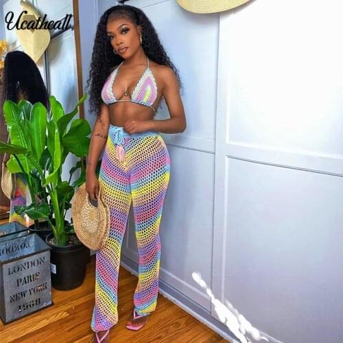 Hand Crochet Bikini Set Cover UP Deep V Neck Top And Long Pants 2 Piece Set Women Beach Swimwear Swimsuit Suit