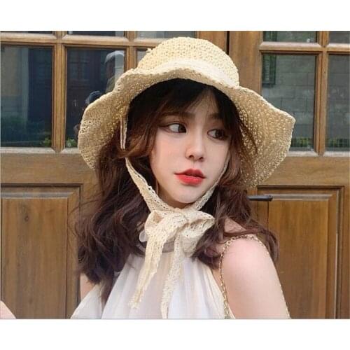 Summer Women Straw Sun Hat Lady Girls Lace Ribbon Bow Panma Beach Hat Floppy Female Travel Folding hat B1174