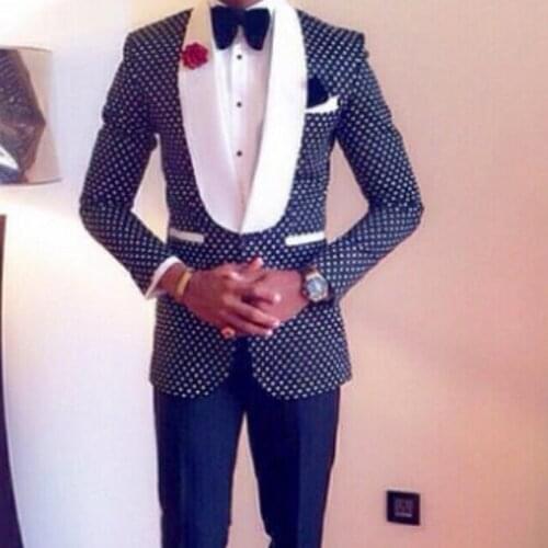 Checked Dots Men Suits Slim fit 2 piece Navy Blue Groomsmen Tuxedo for Wedding Prom with White Shawl Lapel Custom Man Fashion