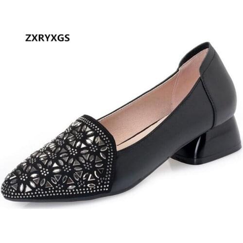 2019 Newest Pointed Rhinestone Shoes Woman Shoes Thick Heel Comfortable Soft Genuine Leather Shoes High Heels 4 Cm Black Beige