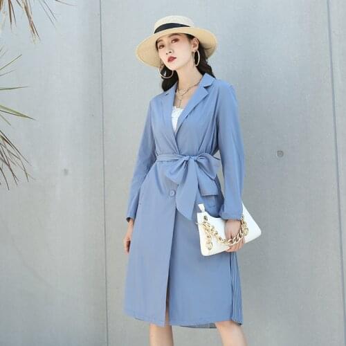 New Autumn Thin Windbreaker Coat Women Korean Long Trench Coat Young Women Slim Fashion Haze Blue Skirt Type Overcoat