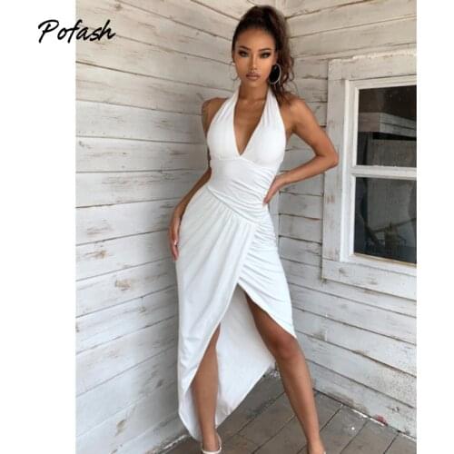 Pofash Solid White Dresses Women Clothing V Neck Backless Sexy Club Party Midi Dress 2021 Female Slim Streetwear Summer Vestidos