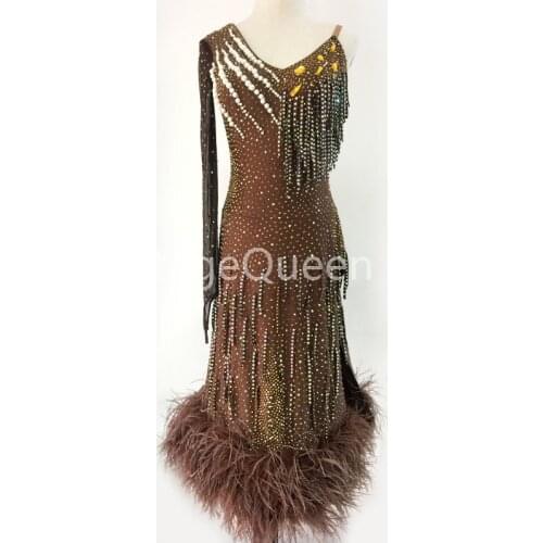Luxury Feathers Crystals Latin Dance Dress Women Girls Latin Dance Performance Clothing Adult Kids Ballroom Competition Costume