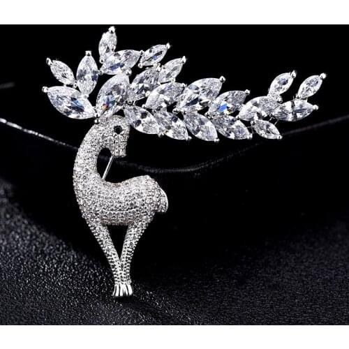Chic Cubic Zircon Rhinestone Silver color Plating Reindeer Brooches Cute Deer Animal Pins Women Men Christmas Winter Jewelry