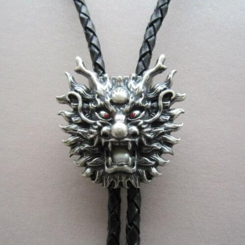 Silver Plated Vintage Real White Pearl Dragon Bolo Tie Leather Necklace Neck Tie