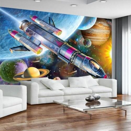 Wellyu Modern hand-painted cartoon space cosmic rocket childrens room mural background custom large mural green wallpaper