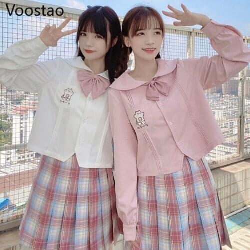Sweet Lolita Style Blouses Women Japanese Preppy Style Cat Doughnut JK Uniform Embroidery Shirts Girls Cute Pocket Blusas Mujer