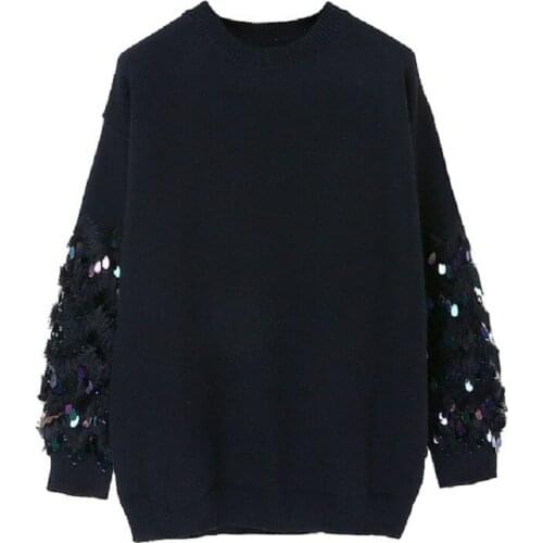 Runway Oversized Pullover 2018 Pull Femme Black Casual Loose Long Sleeve Sequins Winter Women Knitted Sweater Sueter Mujer