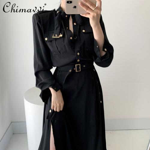2021 Womens New Spring Korean Chic Elegant Pocket Decorative Lace-up Tight Waist Split Black Dress Slim Ladies Long Dress