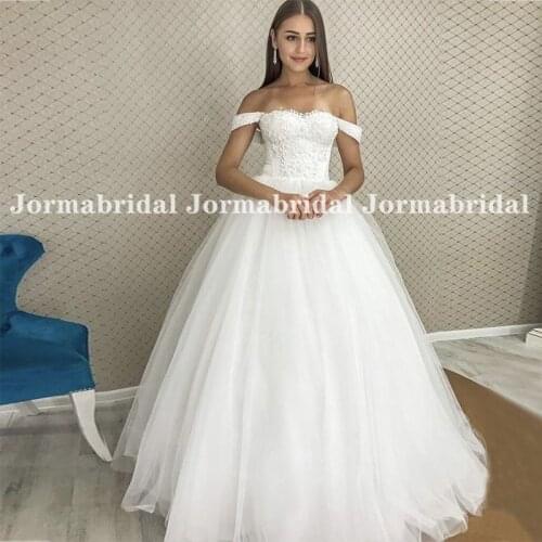Boat Neck Ball Gown Wedding Dresses Off The Shoulder Lace Applique Tulle Bride Gowns Full Length White Dress vestido de novia