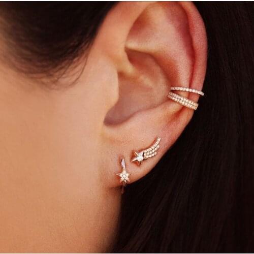 Gold color filled star cz paved wing feather shape stud earring in 925 sterling silver for lady girlfirend birthday gift jewelry